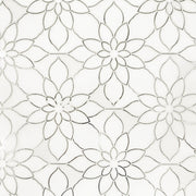 Sample display board showcasing Thassos & Mirror Floral Waterjet Mosaic Tile – floral pattern combining polished marble and mirror pieces.