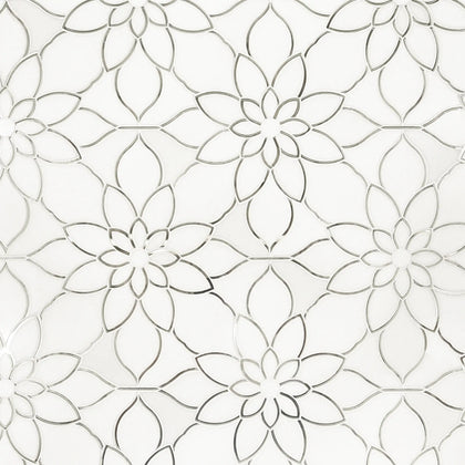 Sample display board showcasing Thassos & Mirror Floral Waterjet Mosaic Tile – floral pattern combining polished marble and mirror pieces.