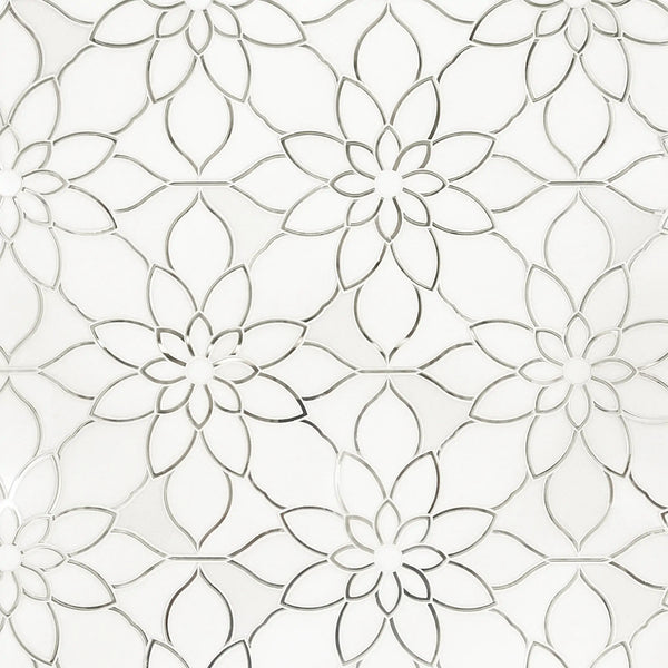 Sample display board showcasing Thassos & Mirror Floral Waterjet Mosaic Tile – floral pattern combining polished marble and mirror pieces.