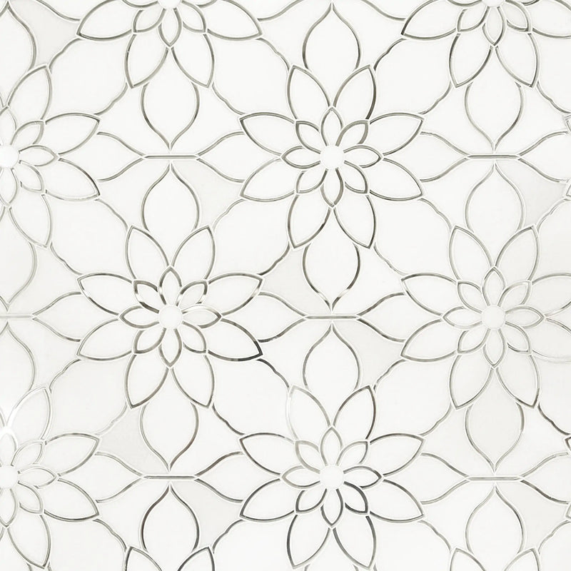 Sample display board showcasing Thassos & Mirror Floral Waterjet Mosaic Tile – floral pattern combining polished marble and mirror pieces.