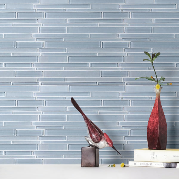 Azure Random Strip Glass Mix Mosaic Wall Tile - Sample (Product Shown is Full Size)