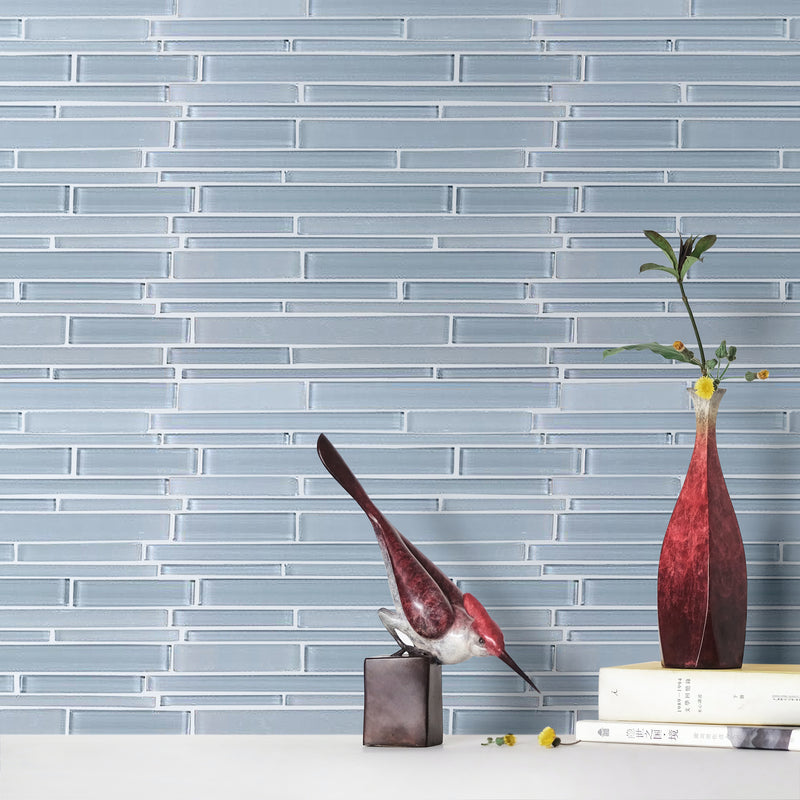 Azure Random Strip Glass Mix Mosaic Wall Tile - Sample (Product Shown is Full Size)