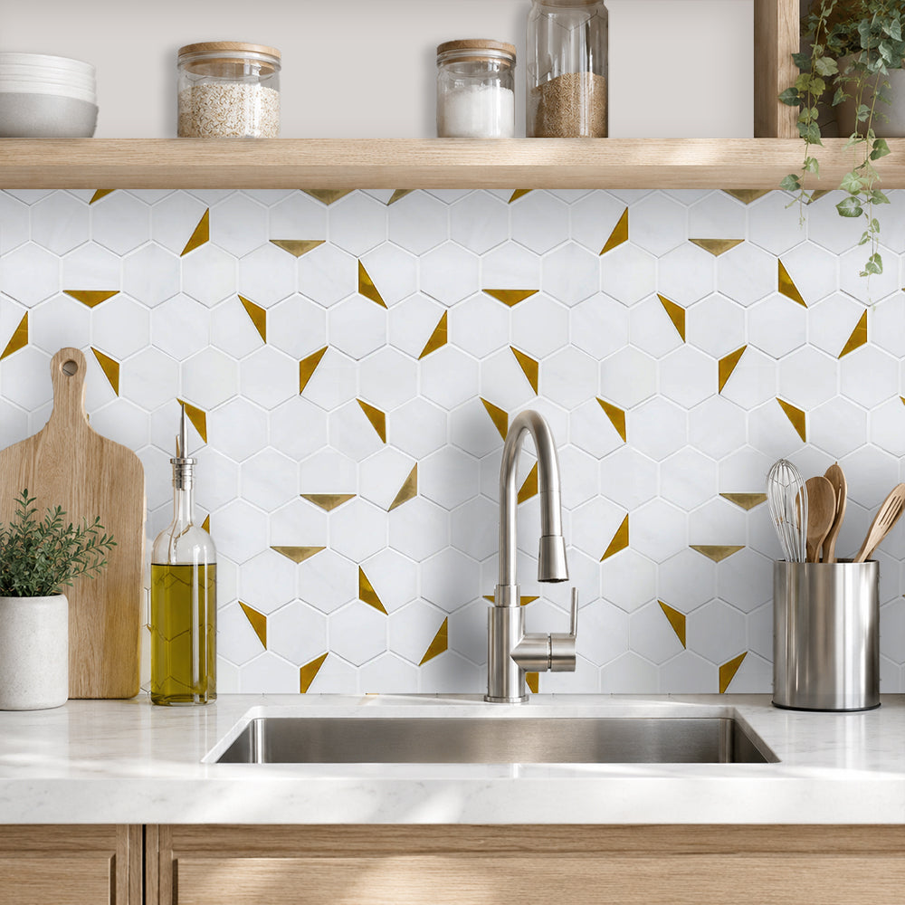 Royal White Hexagon with Gold Accents 12-in x 10-in Polished Marble with Metal Mosaic Wall Tile( 8.3 sq. ft. /Box )