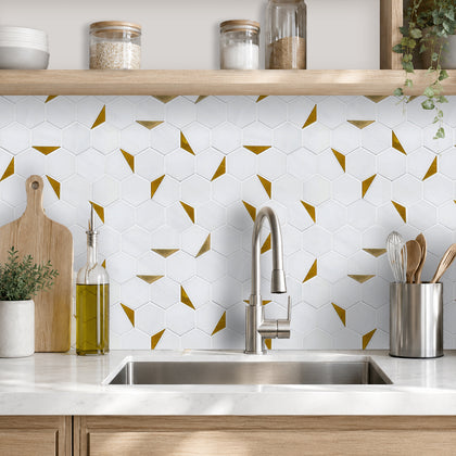 Royal White Hexagon with Gold Accents 12-in x 10-in Polished Marble with Metal Mosaic Wall Tile( 8.3 sq. ft. /Box )