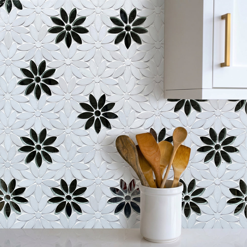 Interlocking Floral with Thassos & Antique Mirror 9-in x 11-in Waterjet Mosaic Floor and Wall Tile( 7 sq. ft. /Box )