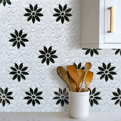 Interlocking Floral with Thassos & Antique Mirror 9-in x 11-in Waterjet Mosaic Floor and Wall Tile( 7 sq. ft. /Box )