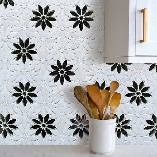 Interlocking Floral with Thassos & Antique Mirror 9-in x 11-in Waterjet Mosaic Floor and Wall Tile( 7 sq. ft. /Box )