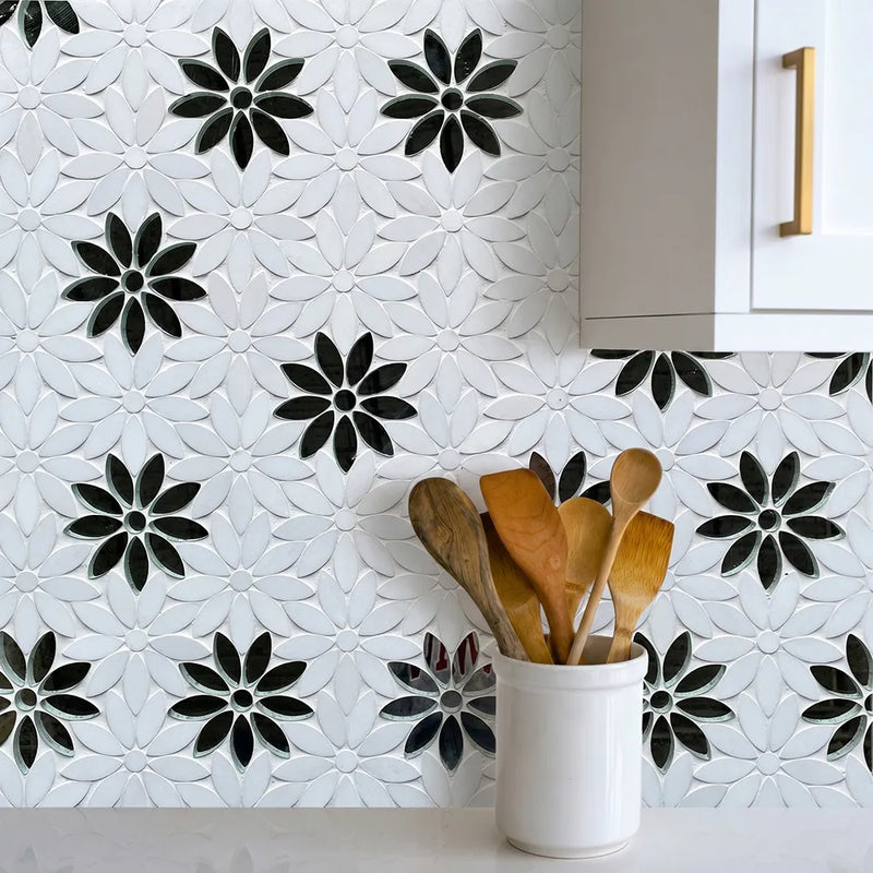 Interlocking Floral with Thassos & Antique Mirror 9-in x 11-in Waterjet Mosaic Floor and Wall Tile( 6.88 sq. ft. /Box )