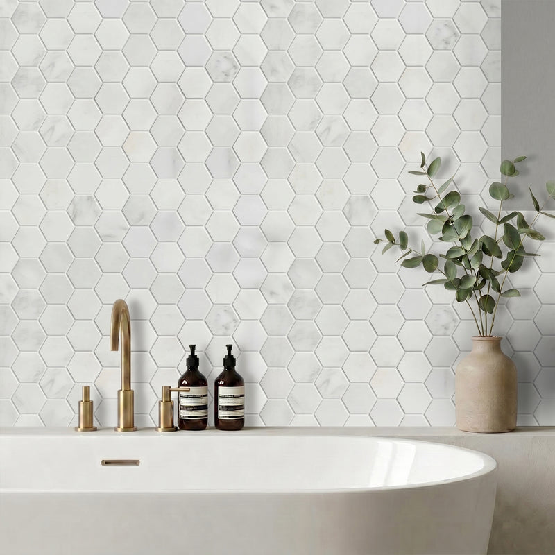 2-in Calacatta Hexagon 12-in x 12-in Polished Marble Mosaic Floor and Wall Tile( 5 sq. ft. /Box )
