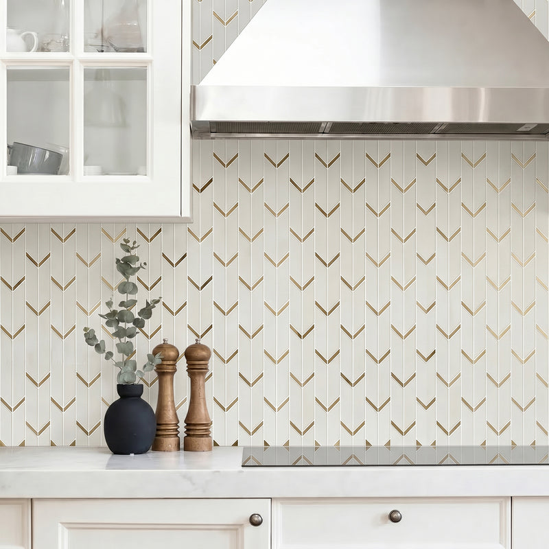 Dolomite White Marble with Arrow Gold Brass Accent 14-in x 12-in Waterjet Mosaic Wall Tile( 5 sq. ft. /Box )