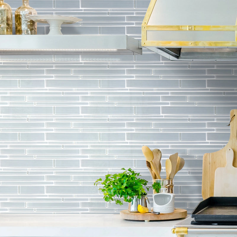 6-in x 18-in Ice Denim Glass Mix Random Strip Mosaic Wall Tile( 7.5 sq. ft. /Box )