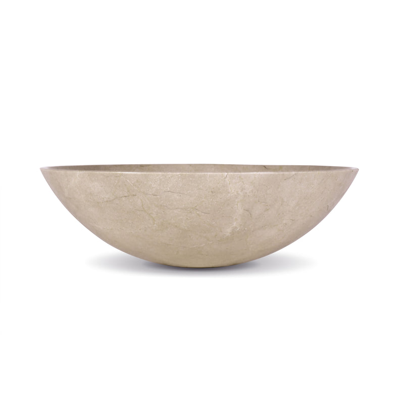 Unique bathroom sink in beige marble, handcrafted round vessel sink, elegant natural stone basin for bathrooms.