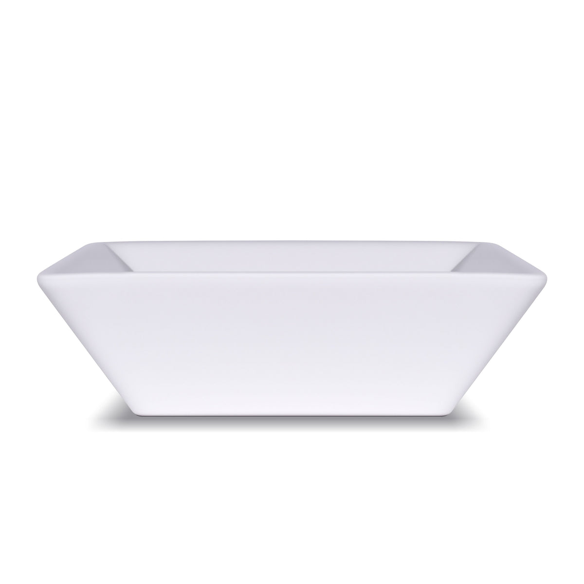 Square modern white ceramic vessel sink displayed against a plain background.