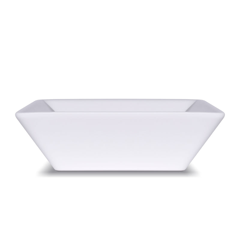 Square modern white ceramic vessel sink displayed against a plain background.