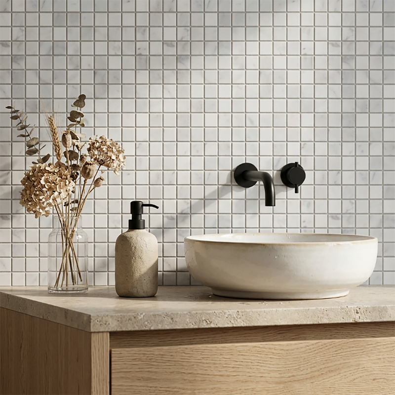1-in Oriental White 12-in x 12-in Polished Marble Mosaic Floor and Wall Tile( 5 sq. ft. /Box )