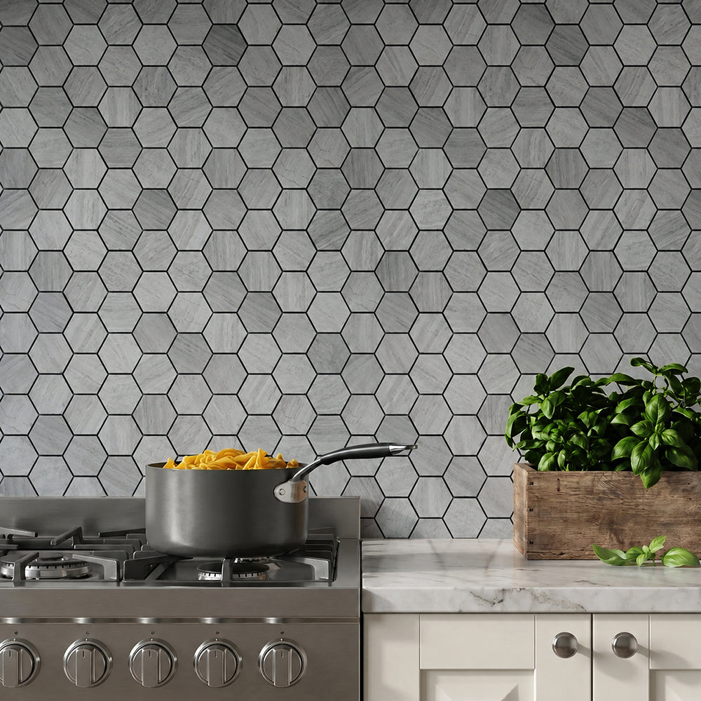 2-in Wooden White Hexagon 12-in x 12-in Honed Marble Mosaic Wall Tile( 5 sq. ft. /Box )