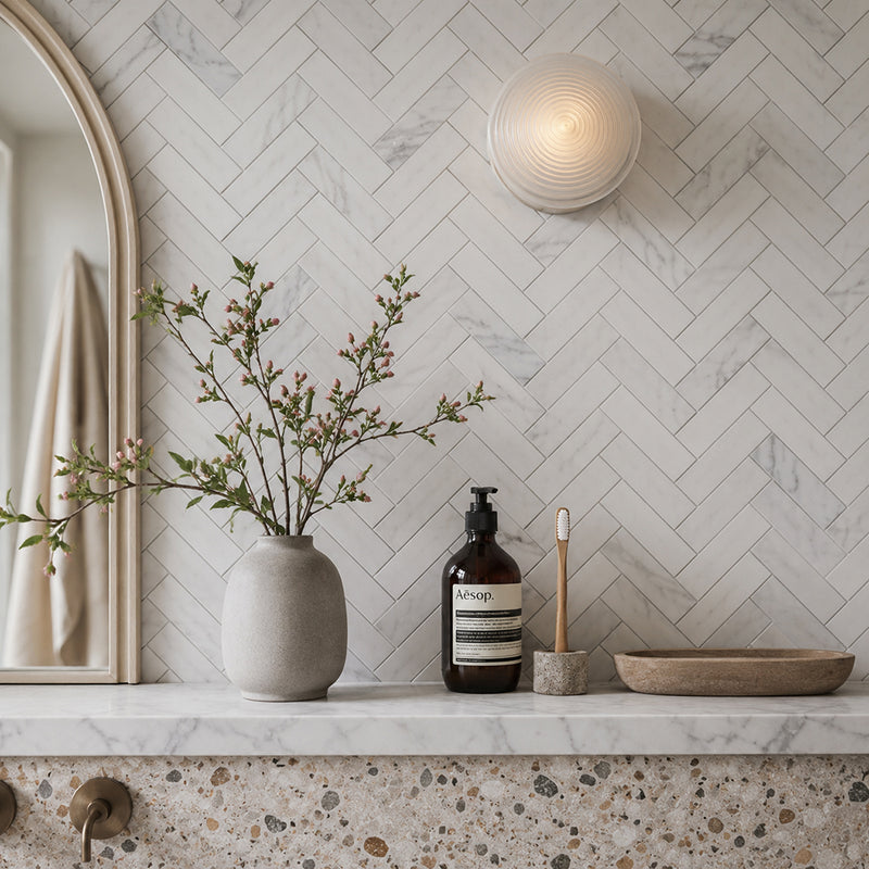 Oriental White Herringbone 12-1/2-in x 11-in Polished Marble Mosaic Wall Tile( 4.75 sq. ft. /Box )