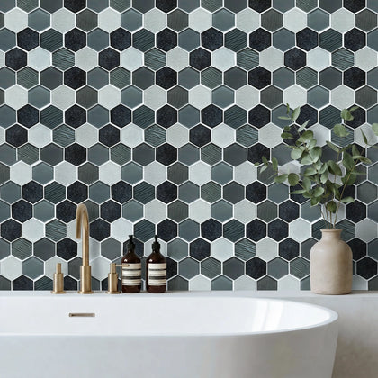 12-in x 11-in Palladian Gray Hex Glass & Porcelain Mosaic Wall Tile( 8.3 sq. ft. /Box )