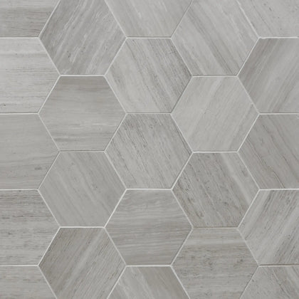 6-in Wooden White Hexagon 12-in x 10-in Honed Marble Mosaic Wall Tile( 4.15 sq. ft. /Box )