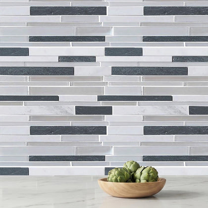 Iron Staircase Marble Slate & Glass Random Strips 12-in x 12-in Glass Mosaic Wall Tile( 10 sq. ft. /Box )