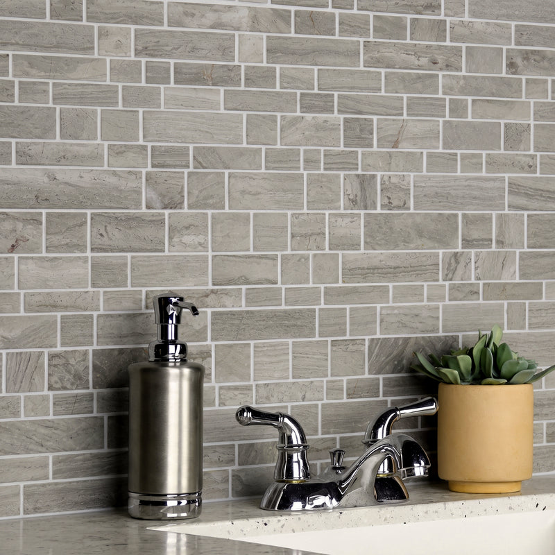 Wooden White Multi-Square 12-in x 12-in Honed Marble Mosaic Wall Tile( 5 sq. ft. /Box )