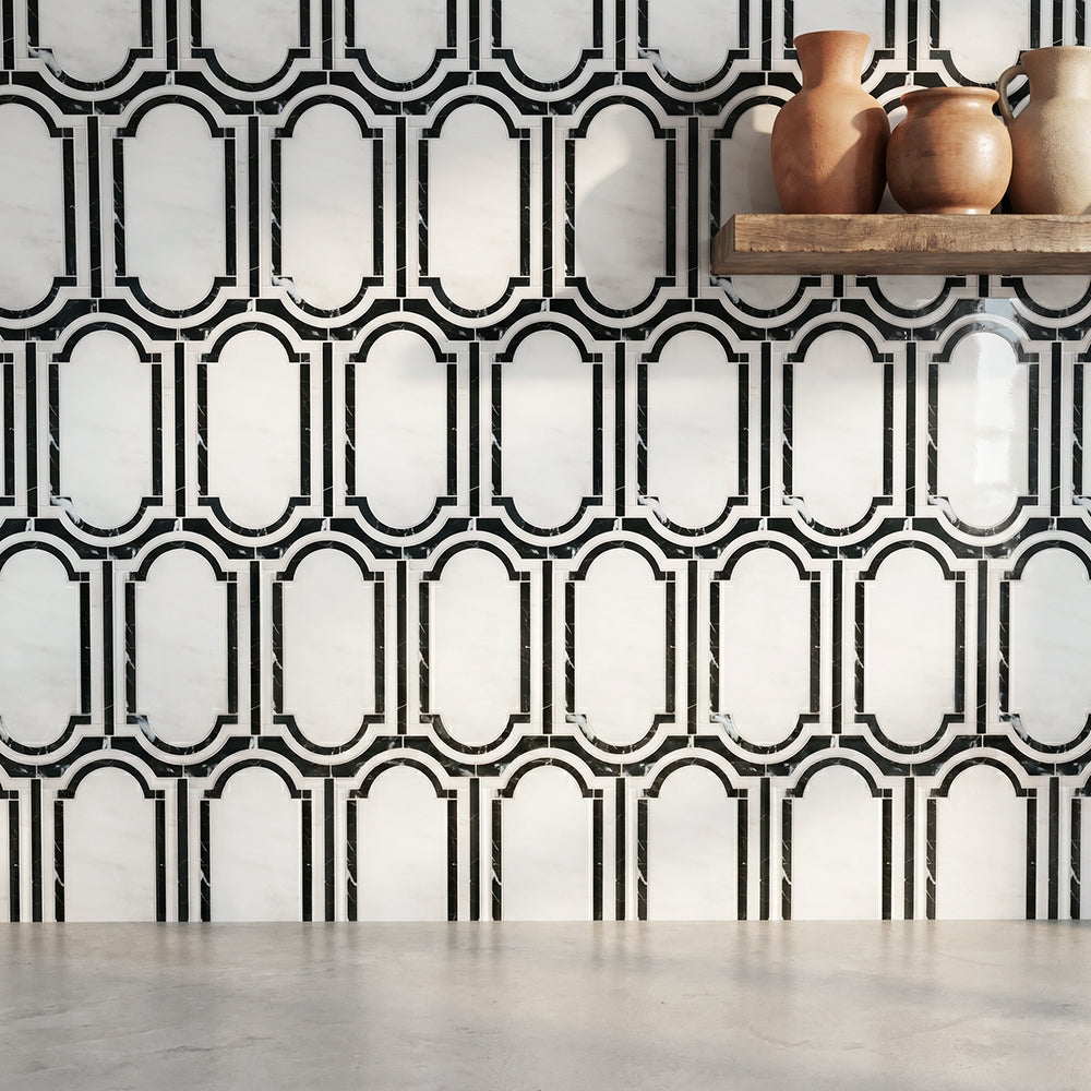Windows Pattern Oriental Black & White 12-in x 12-in Waterjet Mosaic Floor and Wall Tile( 6 sq. ft. /Box )