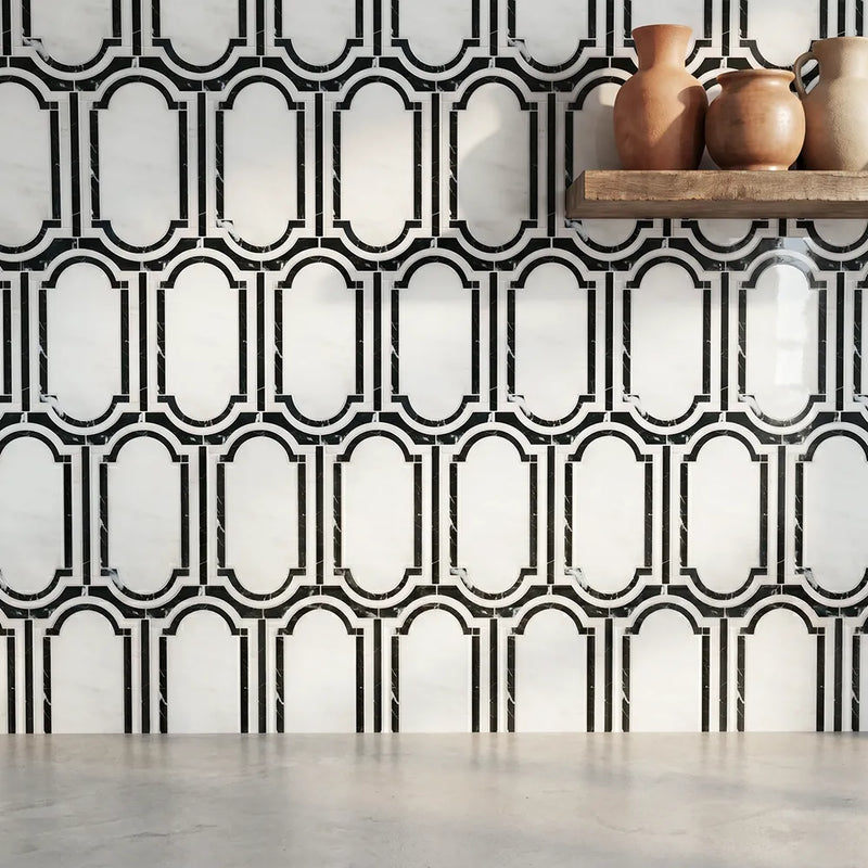 Windows Pattern Oriental Black & White 12-in x 12-in Waterjet Mosaic Floor and Wall Tile( 6 sq. ft. /Box )