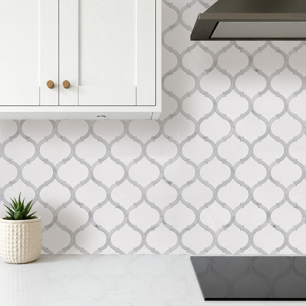 Marrakesh - Carrara White & Thassos White 9-in x 10-in Waterjet Mosaic Floor and Wall Tile( 3.15 sq. ft. /Box )