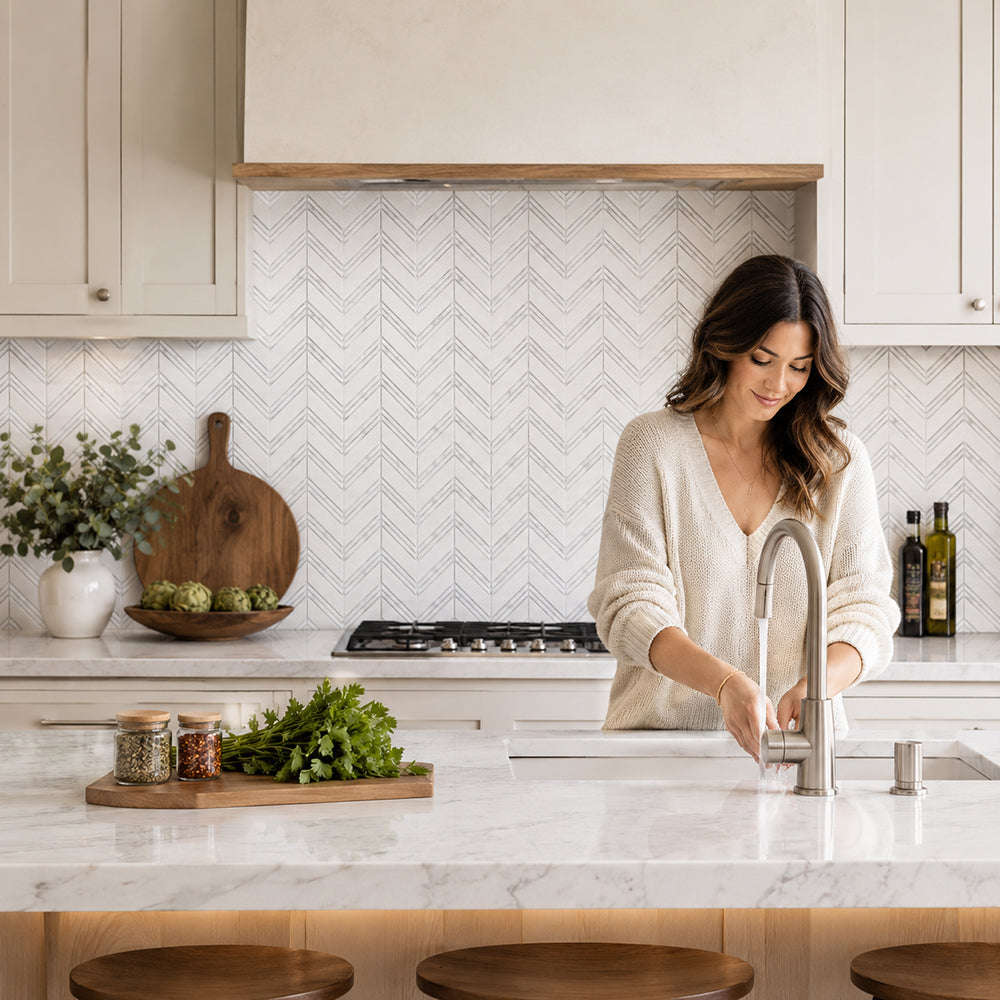 Carrara & Oriental White Chevron 12-in x 12-in Polished  Marble Mosaic Wall Tile( 5 sq. ft. /Box )