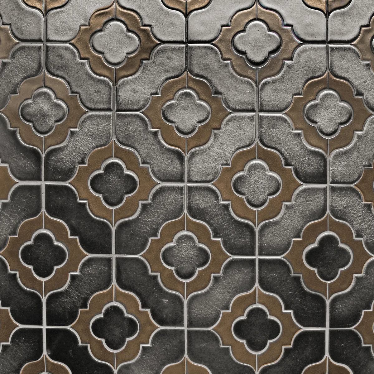 Sample display board of Floral Pattern Metallic Brown Porcelain Mosaic Tile – 6x11 layout showcasing metallic floral design and texture