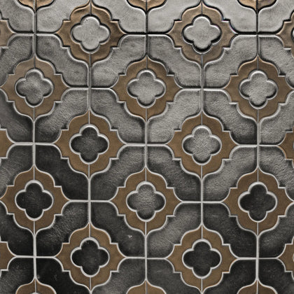 Sample display board of Floral Pattern Metallic Brown Porcelain Mosaic Tile – 6x11 layout showcasing metallic floral design and texture