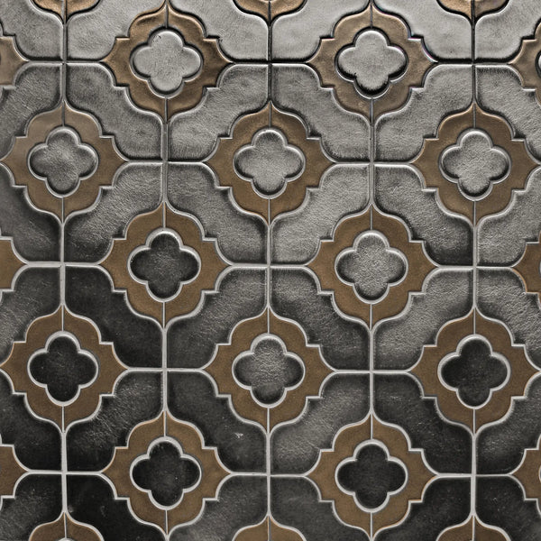 Sample display board of Floral Pattern Metallic Brown Porcelain Mosaic Tile – 6x11 layout showcasing metallic floral design and texture