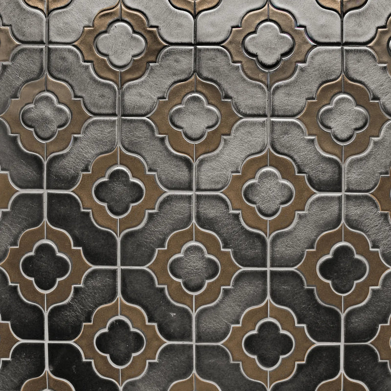 Sample display board of Floral Pattern Metallic Brown Porcelain Mosaic Tile – 6x11 layout showcasing metallic floral design and texture