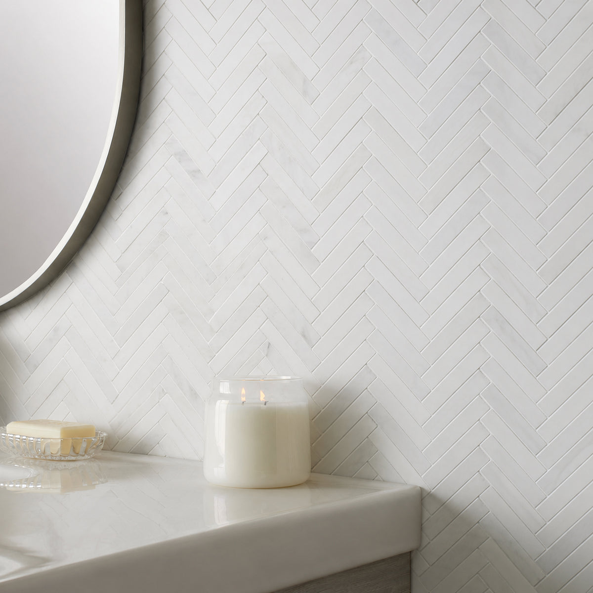 Oriental White 17-in x 10-in Polished Herringbone Marble Mosaic Floor and Wall Tile( 5.67 sq. ft. /Box )