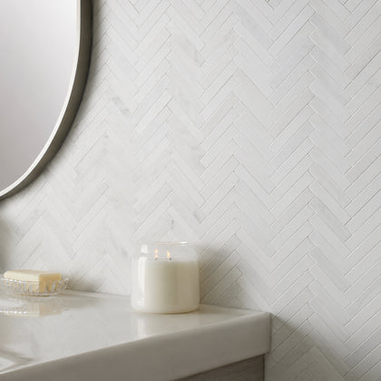 Oriental White 17-in x 10-in Polished Herringbone Marble Mosaic Floor and Wall Tile( 5.67 sq. ft. /Box )
