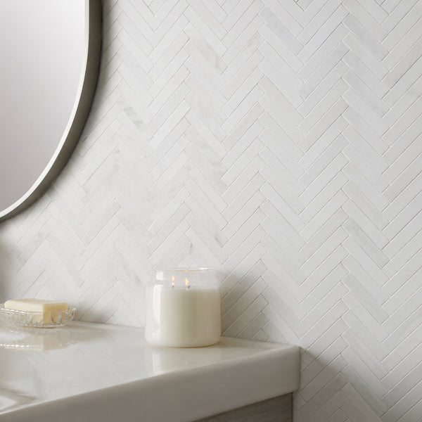 Oriental White 17-in x 10-in Polished Herringbone Marble Mosaic Floor and Wall Tile( 5.67 sq. ft. /Box )
