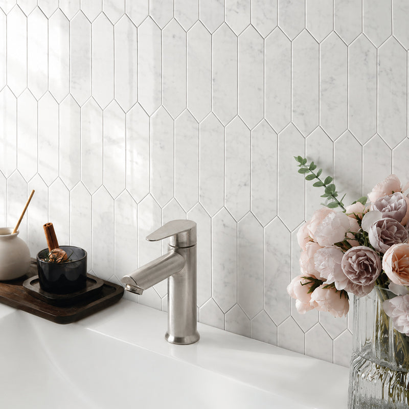 Carrara Elongated Hexagon 14-in x 12-in Polished Marble Mosaic Wall Tile( 5.85 sq. ft. /Box )