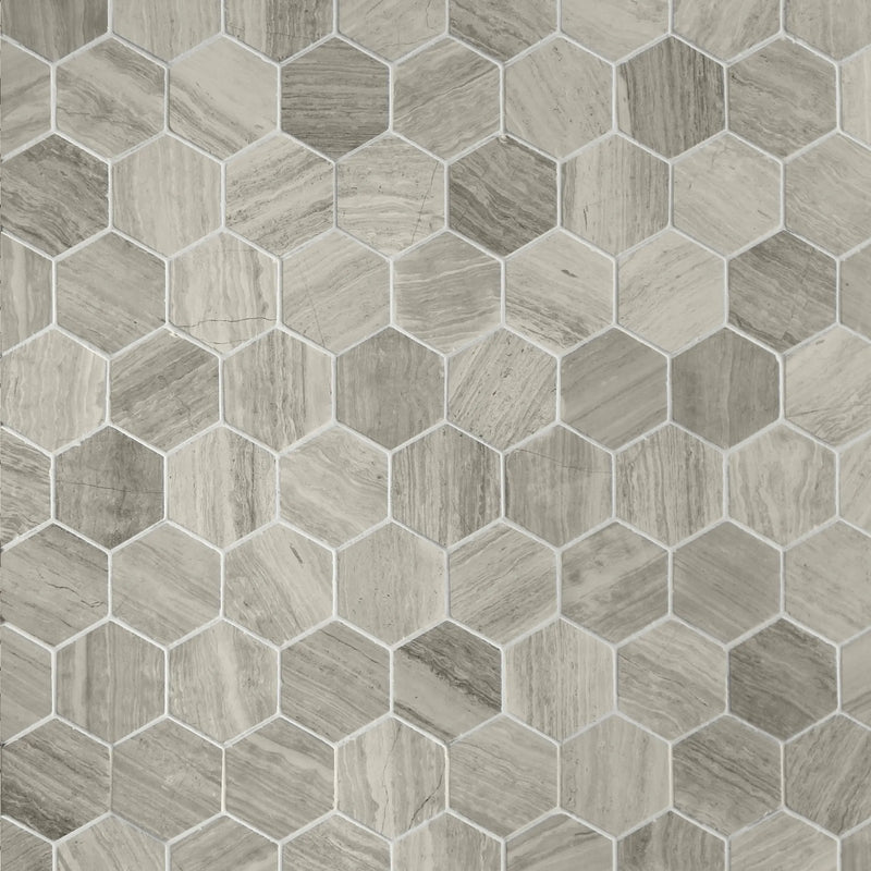 3-in Wooden gray Hexagon 12-in x 10-in Honed Marble Mosaic Wall Tile( 4.15 sq. ft. /Box )