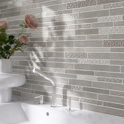 6-in x 18-in Mixed Neutrals Glass Random Strip Mosaic Wall Tile( 7.5 sq. ft. /Box )