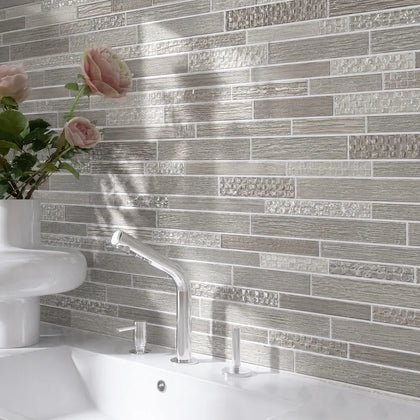 6-in x 18-in Mixed Neutrals Glass Random Strip Mosaic Wall Tile( 7.5 sq. ft. /Box )