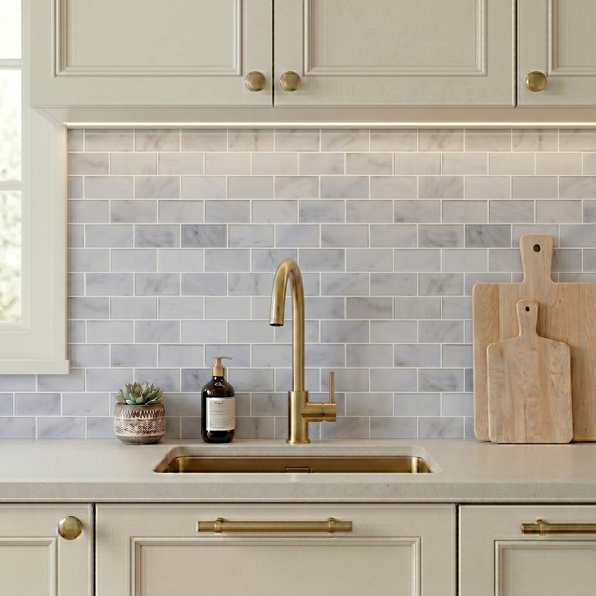 Bevel Brick Oriental White 12-in x 12-in Polished Marble Mosaic Wall Tile( 5 sq. ft. /Box )