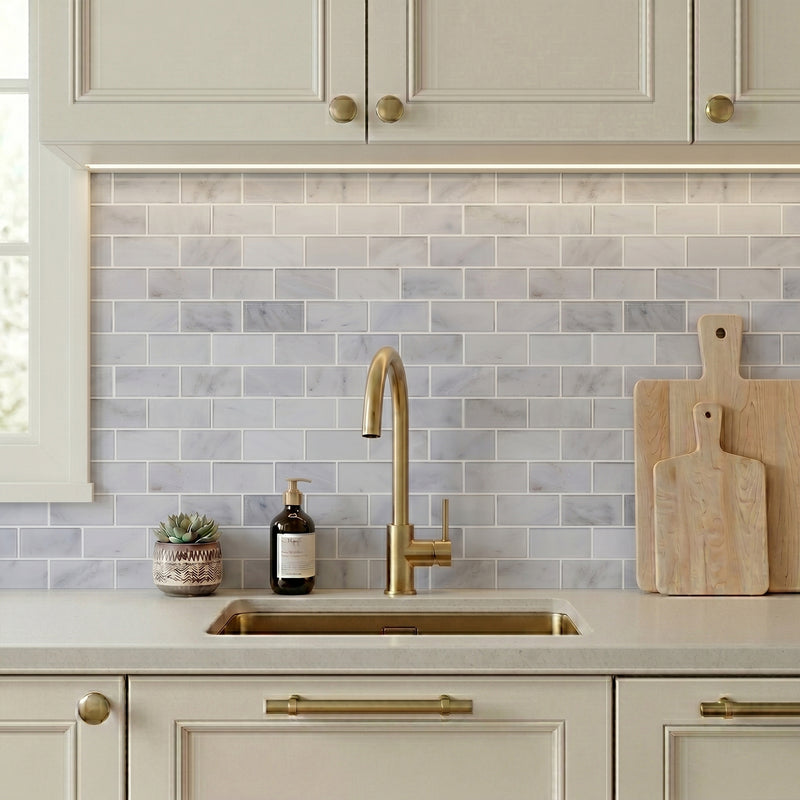 Bevel Brick Oriental White 12-in x 12-in Polished Marble Mosaic Wall Tile( 5 sq. ft. /Box )