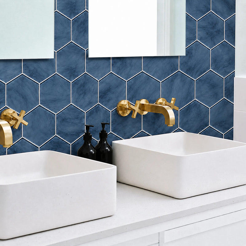 6-in Hexagon Blue 12-in x 12-in Inkjet Glass Mosaic Wall Tile( 10 sq. ft. /Box )
