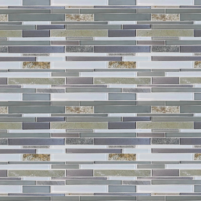 Modesto Quartzet & Glass Mix Random Strip Glass Mosaic Wall Tile - Sample (Product Shown is Full Size)