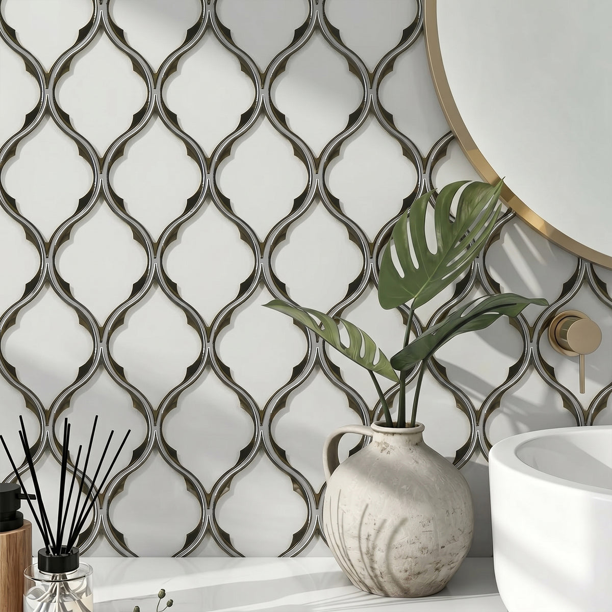 Feathered Lantern Pattern with Silver Trim 12-in x 10-in Glass Mosaic Wall Tile( 8.3 sq. ft. /Box )