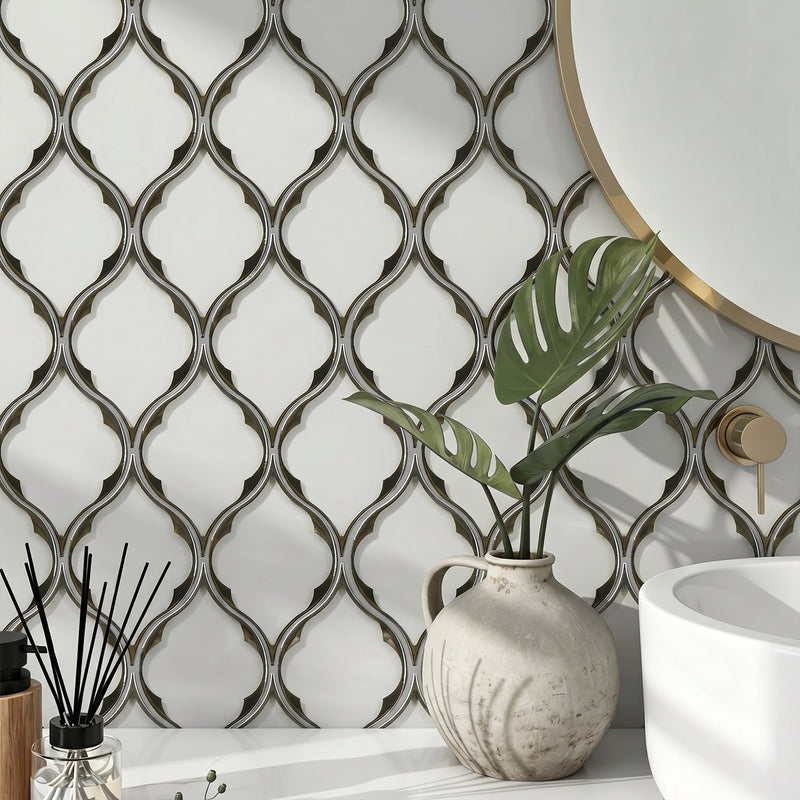 Feathered Lantern Pattern with Silver Trim 12-in x 10-in Glass Mosaic Wall Tile( 8.3 sq. ft. /Box )