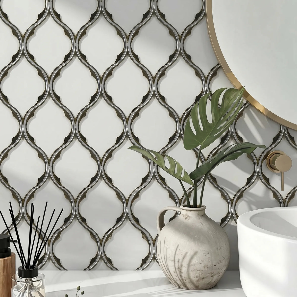 Feathered Lantern Pattern with Silver Trim 12-in x 10-in Glass Mosaic Wall Tile( 8.3 sq. ft. /Box )
