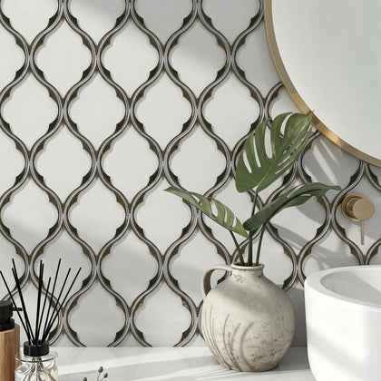 Feathered Lantern Pattern with Silver Trim 12-in x 10-in Glass Mosaic Wall Tile( 8.3 sq. ft. /Box )