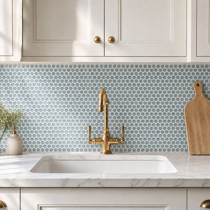 Inkjet Blue 11-in x 11-in Glass Penny Mosaic Wall Tile( 8.3 sq. ft. /Box )