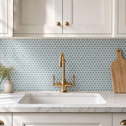 Inkjet Blue 11-in x 11-in Glass Penny Mosaic Wall Tile( 8.3 sq. ft. /Box )